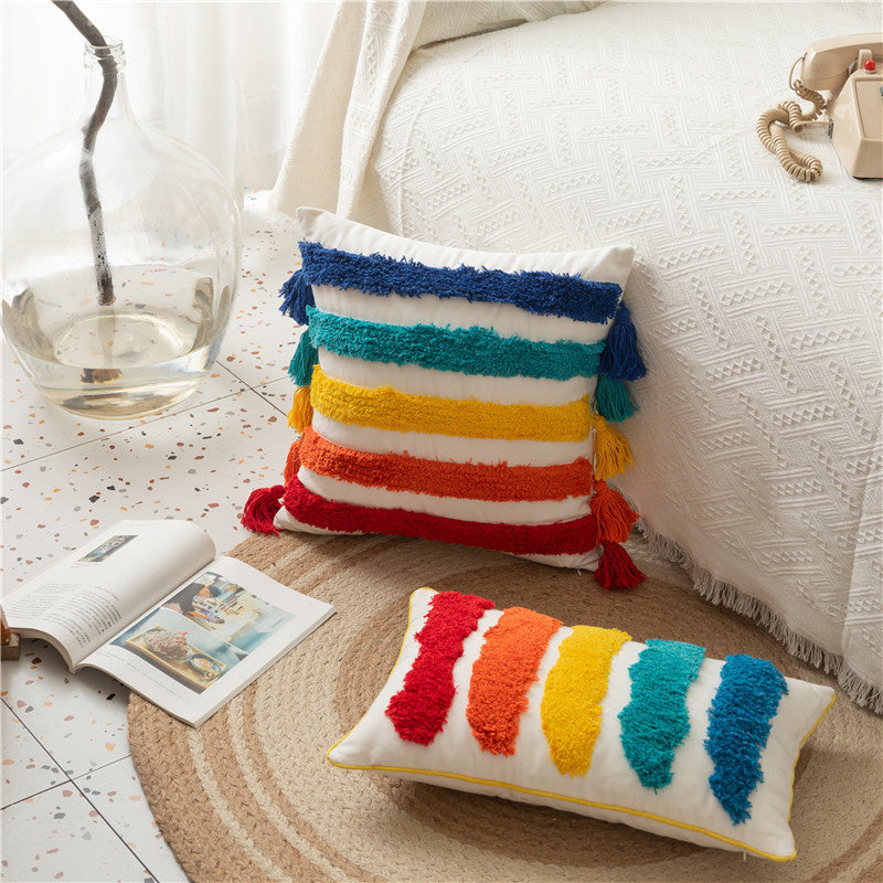 HKM-805715 Moroccan Style Cotton Canvas Tufted Pillowcase with Rainbow Geometric Stripes for Home Sofa