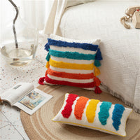 HKM-805715 Moroccan Style Cotton Canvas Tufted Pillowcase with Rainbow Geometric Stripes for Home Sofa
