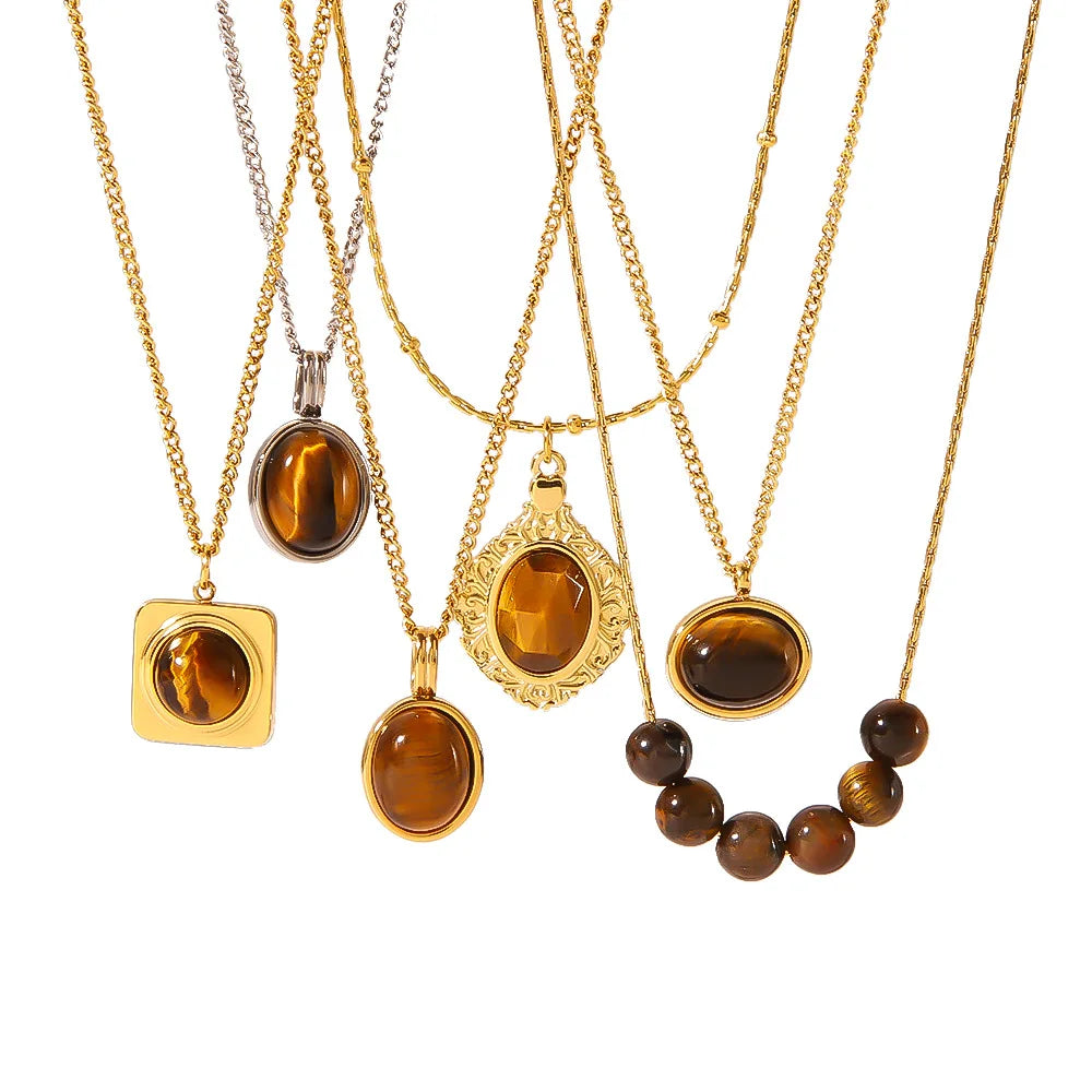 HKM-806035 Vintage Tiger's Eye Stone Pendant Necklace Geometric Opal Stainless Steel Necklace Neutral Fashion Jewelry