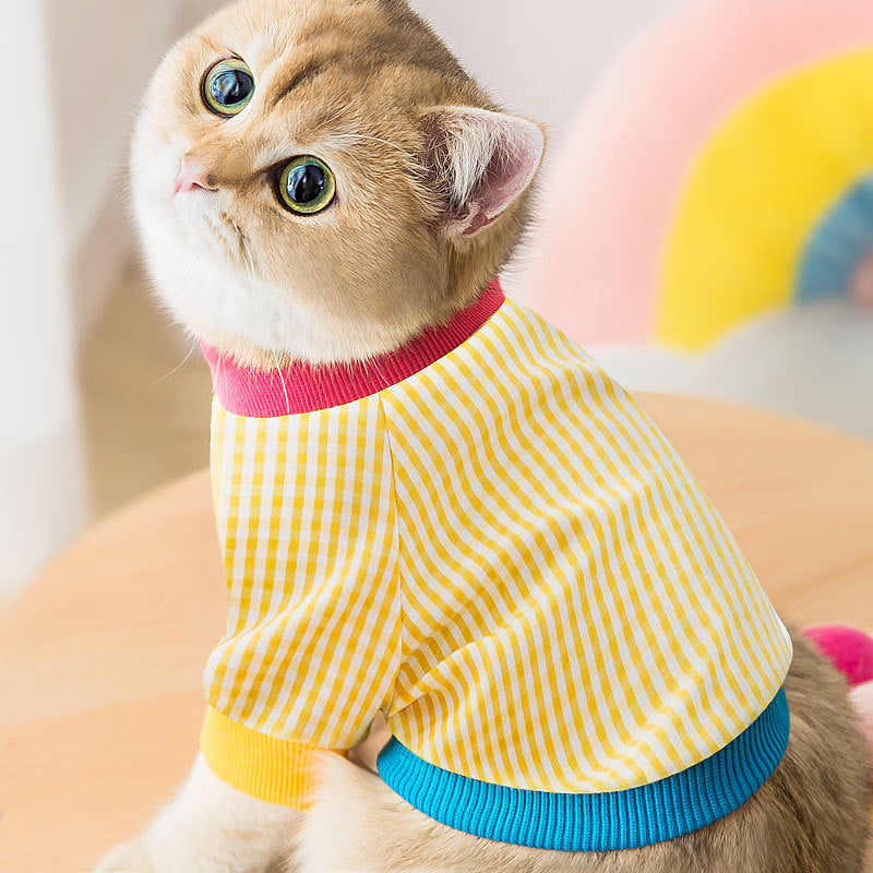 HKM-8062525 Plaid Cotton T-Shirt for Cats - Casual Yellow Design, Sizes XS to XXL