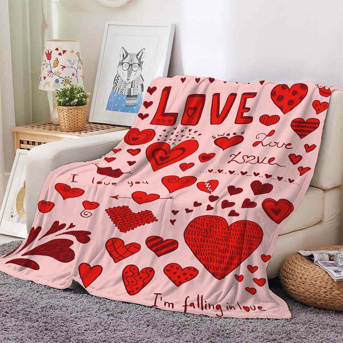 HKM-8062781 Heart Print Polyester Fiber Blanket - Warm and Cozy for All Seasons (Multiple Sizes Available)