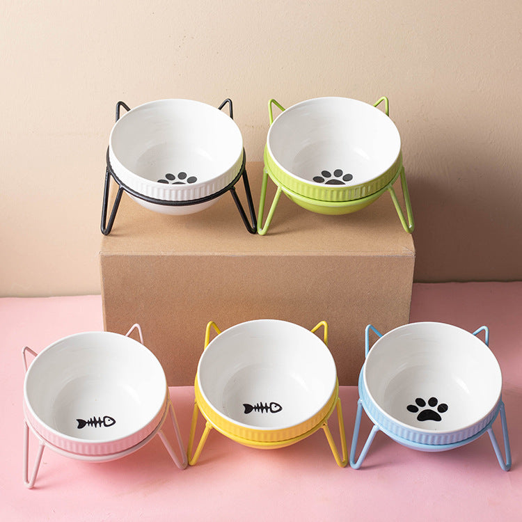 HKM-8073661 Ceramic Pet Bowl with High Foot for Neck Protection - Multiple Colors and Designs Available