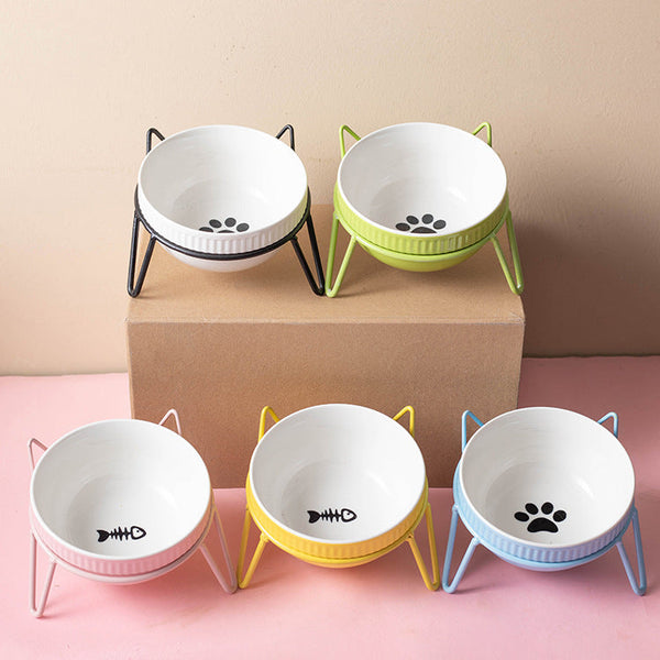 HKM-8073661 Ceramic Pet Bowl with High Foot for Neck Protection - Multiple Colors and Designs Available