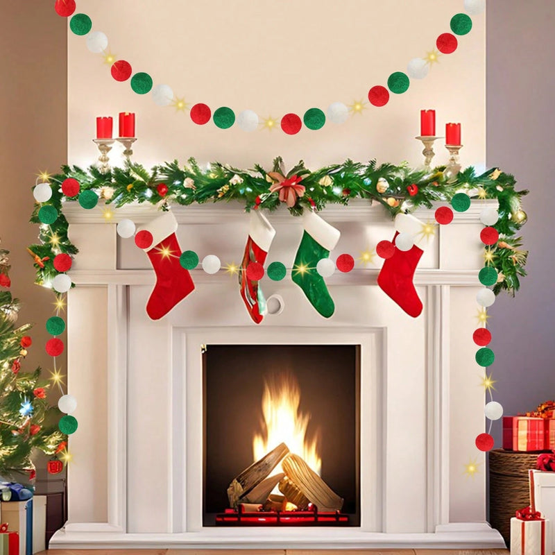 HKM-807763 100 Pcs Red, Green, and White Christmas Pom Poms with Battery String Lights for DIY Holiday Decorations