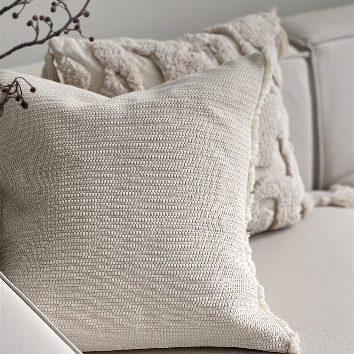HKM-807763 Cotton and Hemp Quiet Wind Pillowcase - Cream White 50x50cm, Moon Frost White 50x50cm, Clear Tea Brown 45x45cm