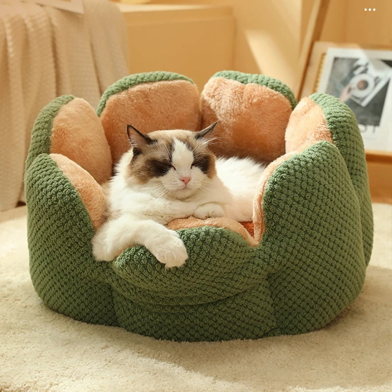HKM-8080701 Cactus Petal Shape Soft Plush Pet Bed for Cats and Small Dogs, Warm Sleeping Nest with Non-Slip Base, Machine Washable