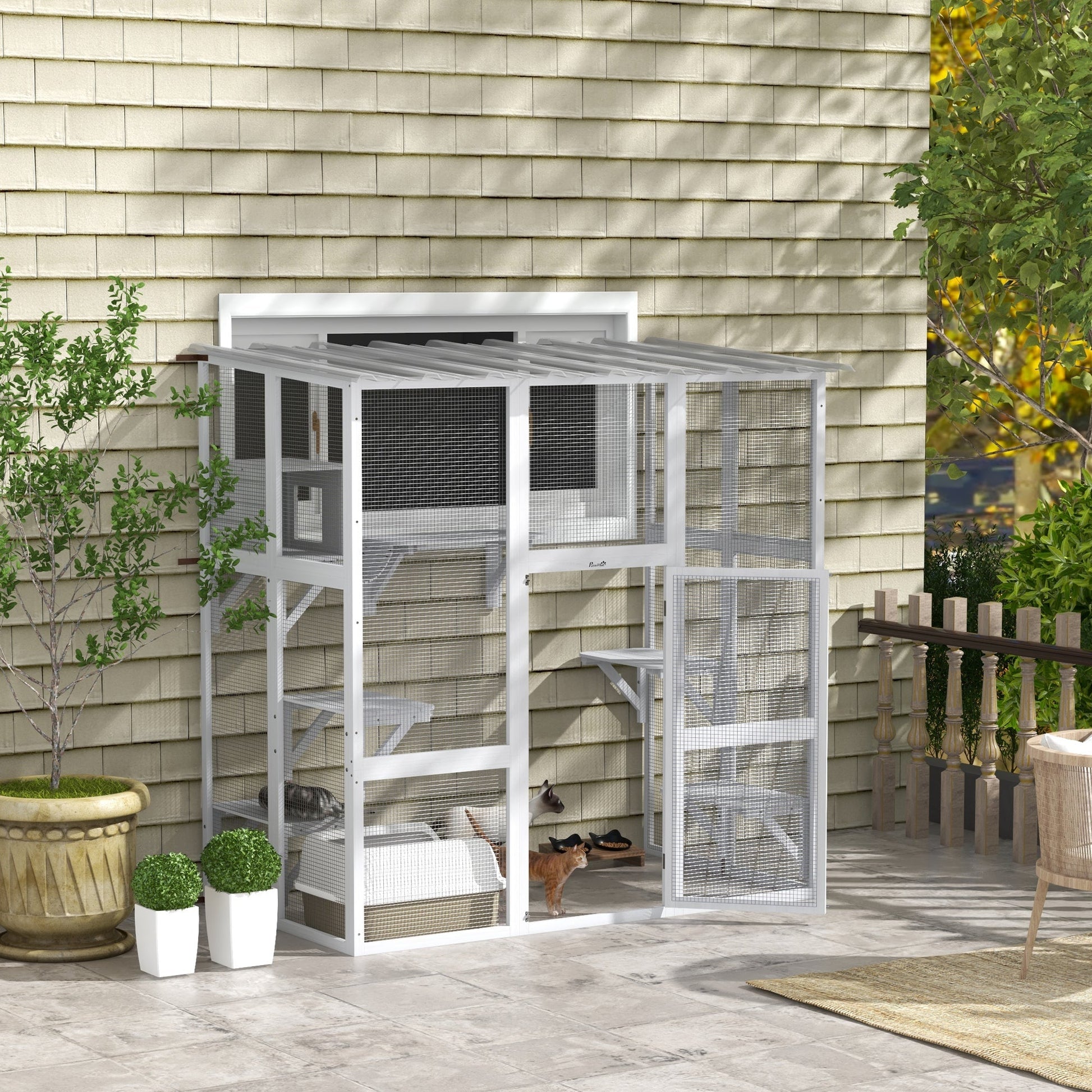 HKM-8087229 Outdoor Cat Enclosure with Bridge Platforms, White Wooden Cat House and Cat Box