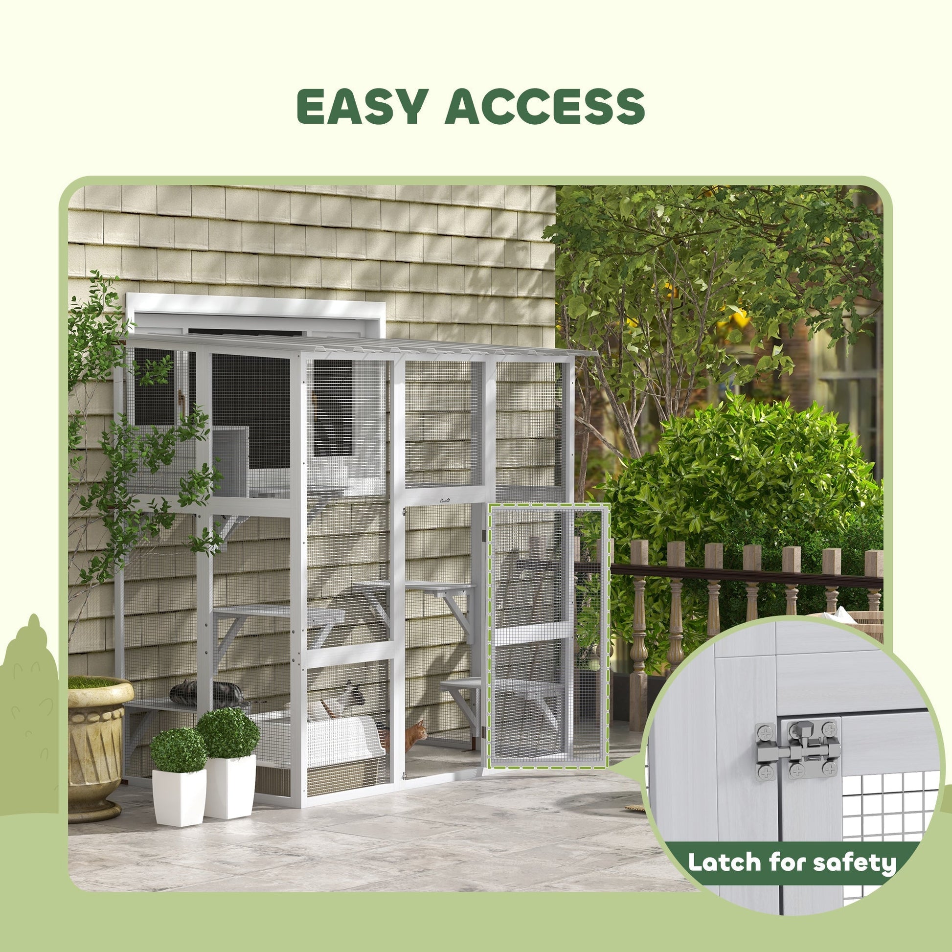 HKM-8087229 Outdoor Cat Enclosure with Bridge Platforms, White Wooden Cat House and Cat Box