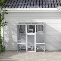HKM-8087229 Outdoor Cat Enclosure with Bridge Platforms, White Wooden Cat House and Cat Box