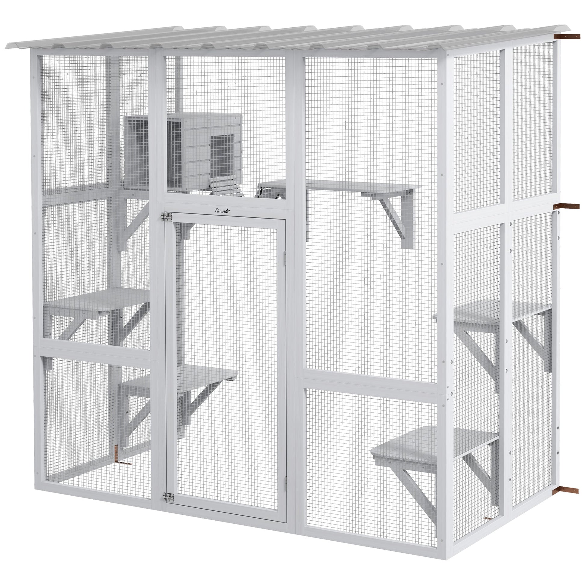 HKM-8087229 Outdoor Cat Enclosure with Bridge Platforms, White Wooden Cat House and Cat Box