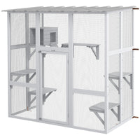 HKM-8087229 Outdoor Cat Enclosure with Bridge Platforms, White Wooden Cat House and Cat Box