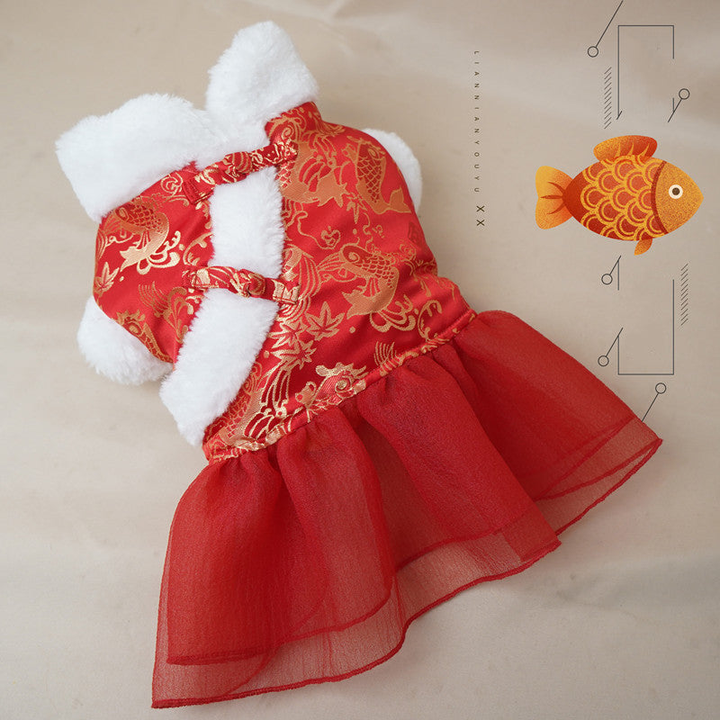 HKM-8087613 Festive Thick Cotton Warm Skirt for Dogs in Koi Red and Pink Options