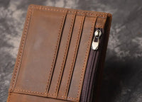 HKM-808851 Men's Cow Leather Zero Wallet - Multi-Card Short Wallet in Brown/Dark Brown, Genuine Leather with Retro Design