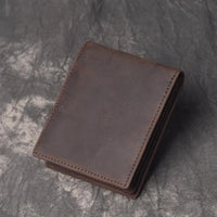 HKM-808851 Men's Cow Leather Zero Wallet - Multi-Card Short Wallet in Brown/Dark Brown, Genuine Leather with Retro Design