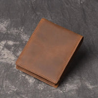 HKM-808851 Men's Cow Leather Zero Wallet - Multi-Card Short Wallet in Brown/Dark Brown, Genuine Leather with Retro Design