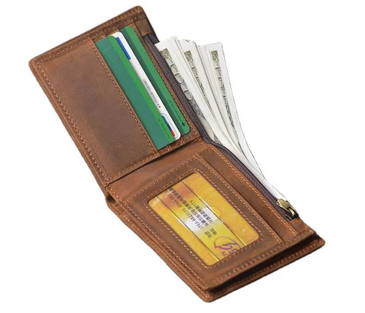 HKM-808851 Men's Cow Leather Zero Wallet - Multi-Card Short Wallet in Brown/Dark Brown, Genuine Leather with Retro Design