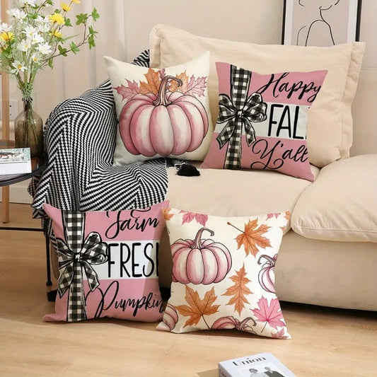 HKM-808915 Pumpkin Maple Leaf Throw Pillow Covers - 4 Pack 18x18 Inch Cushion Cases for Fall Decor