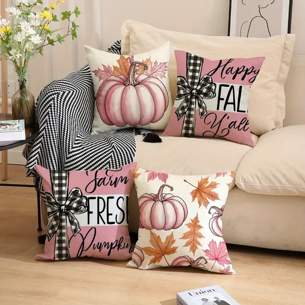 HKM-808915 Pumpkin Maple Leaf Throw Pillow Covers - 4 Pack 18x18 Inch Cushion Cases for Fall Decor