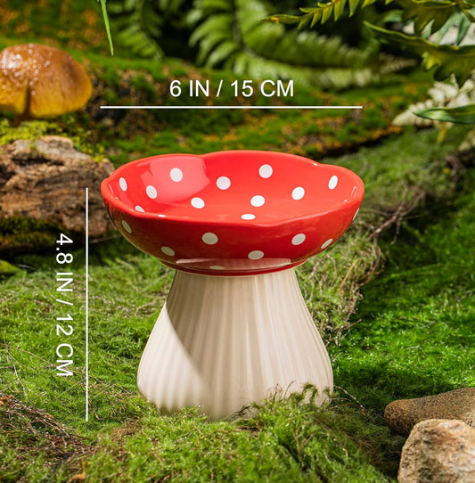 HKM-8090429 Mushroom-Shaped Cat Bowl in Cute Polka Dot Design with Safe Ceramic Material for Small Pets