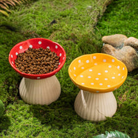 HKM-8090429 Mushroom-Shaped Cat Bowl in Cute Polka Dot Design with Safe Ceramic Material for Small Pets