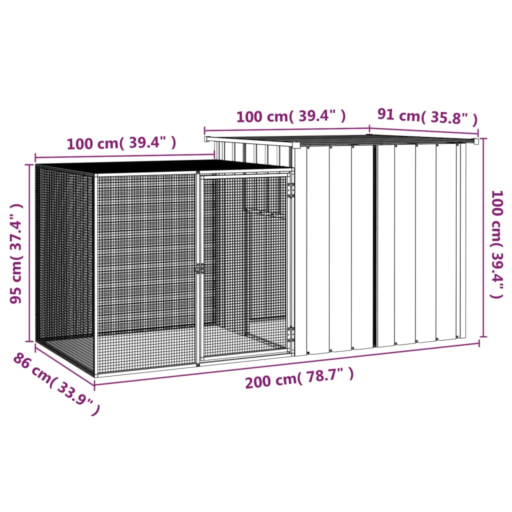 HKM-8090557 Anthracite Galvanized Steel Rabbit Cage 200x91x100 cm with Wire Mesh Enclosure