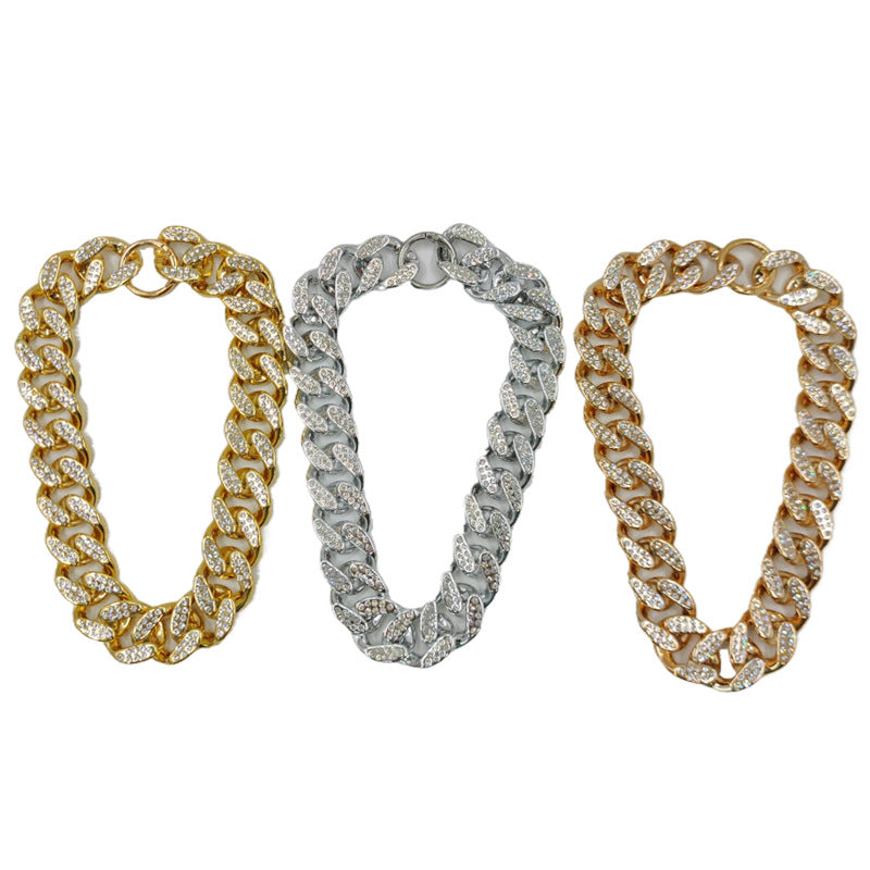 HKM-8091581 Rhinestone-Embellished Geometric Chain Necklace in Gold, Silver, and Rose Gold