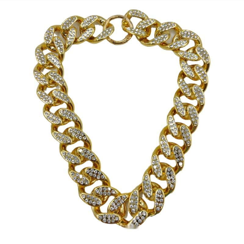 HKM-8091581 Rhinestone-Embellished Geometric Chain Necklace in Gold, Silver, and Rose Gold