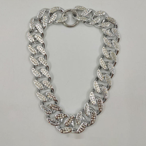 HKM-8091581 Rhinestone-Embellished Geometric Chain Necklace in Gold, Silver, and Rose Gold