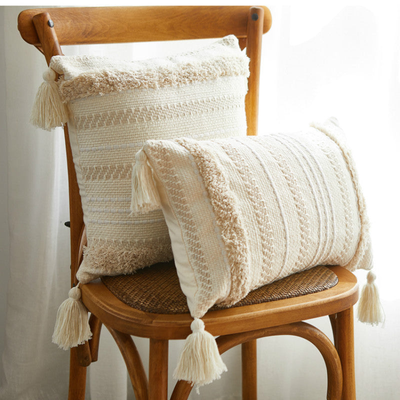 HKM-809171 Nordic Geometric Tufted Pillowcase with Tassels - Cotton Blend, 45x45cm & 30x50cm Options