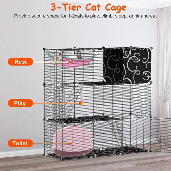 HKM-8092605 3-Tier Indoor Cat Cage Enclosure with Ladder, Hammock, Toy Ball for Cats, Rabbits, and Small Animals