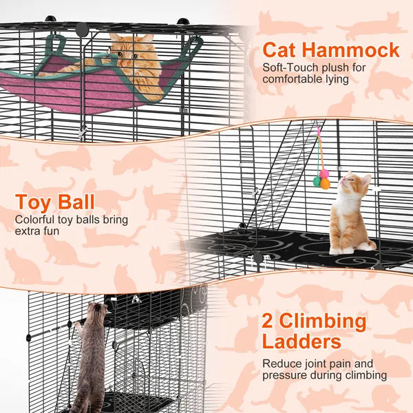 HKM-8092605 3-Tier Indoor Cat Cage Enclosure with Ladder, Hammock, Toy Ball for Cats, Rabbits, and Small Animals