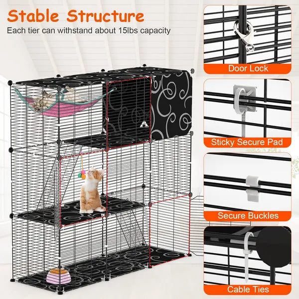 HKM-8092605 3-Tier Indoor Cat Cage Enclosure with Ladder, Hammock, Toy Ball for Cats, Rabbits, and Small Animals