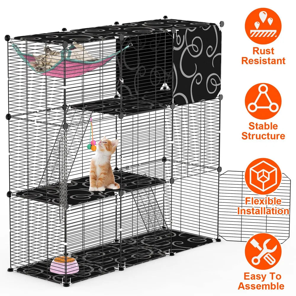 HKM-8092605 3-Tier Indoor Cat Cage Enclosure with Ladder, Hammock, Toy Ball for Cats, Rabbits, and Small Animals