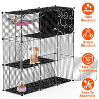 HKM-8092605 3-Tier Indoor Cat Cage Enclosure with Ladder, Hammock, Toy Ball for Cats, Rabbits, and Small Animals