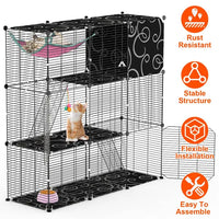 HKM-8092605 3-Tier Indoor Cat Cage Enclosure with Ladder, Hammock, Toy Ball for Cats, Rabbits, and Small Animals