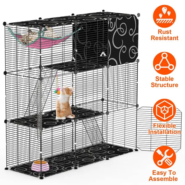 HKM-8092605 3-Tier Indoor Cat Cage Enclosure with Ladder, Hammock, Toy Ball for Cats, Rabbits, and Small Animals