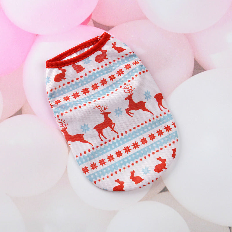HKM-8093117 Festive Cartoon Pet Vest for Dogs and Cats - Elk and Snowman Print in Red, White, and Green