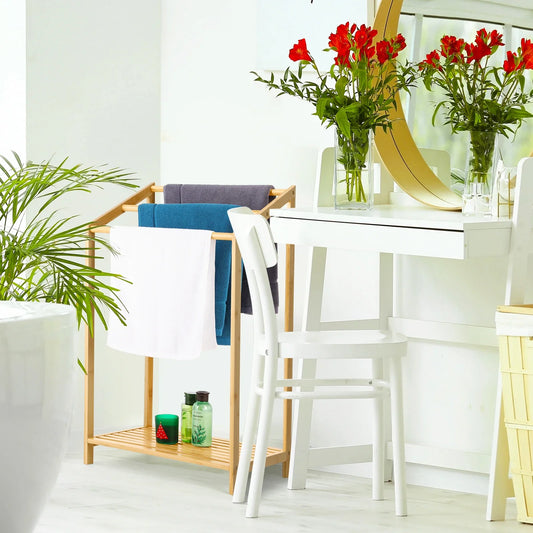 HKM-809363 Natural Bamboo Free Standing Towel Rack for Bathrooms and Toilets