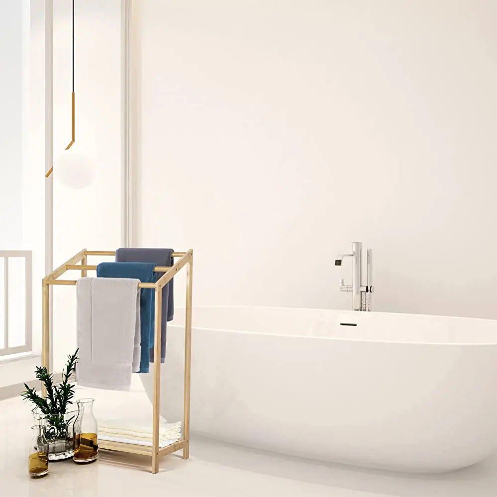 HKM-809363 Natural Bamboo Free Standing Towel Rack for Bathrooms and Toilets