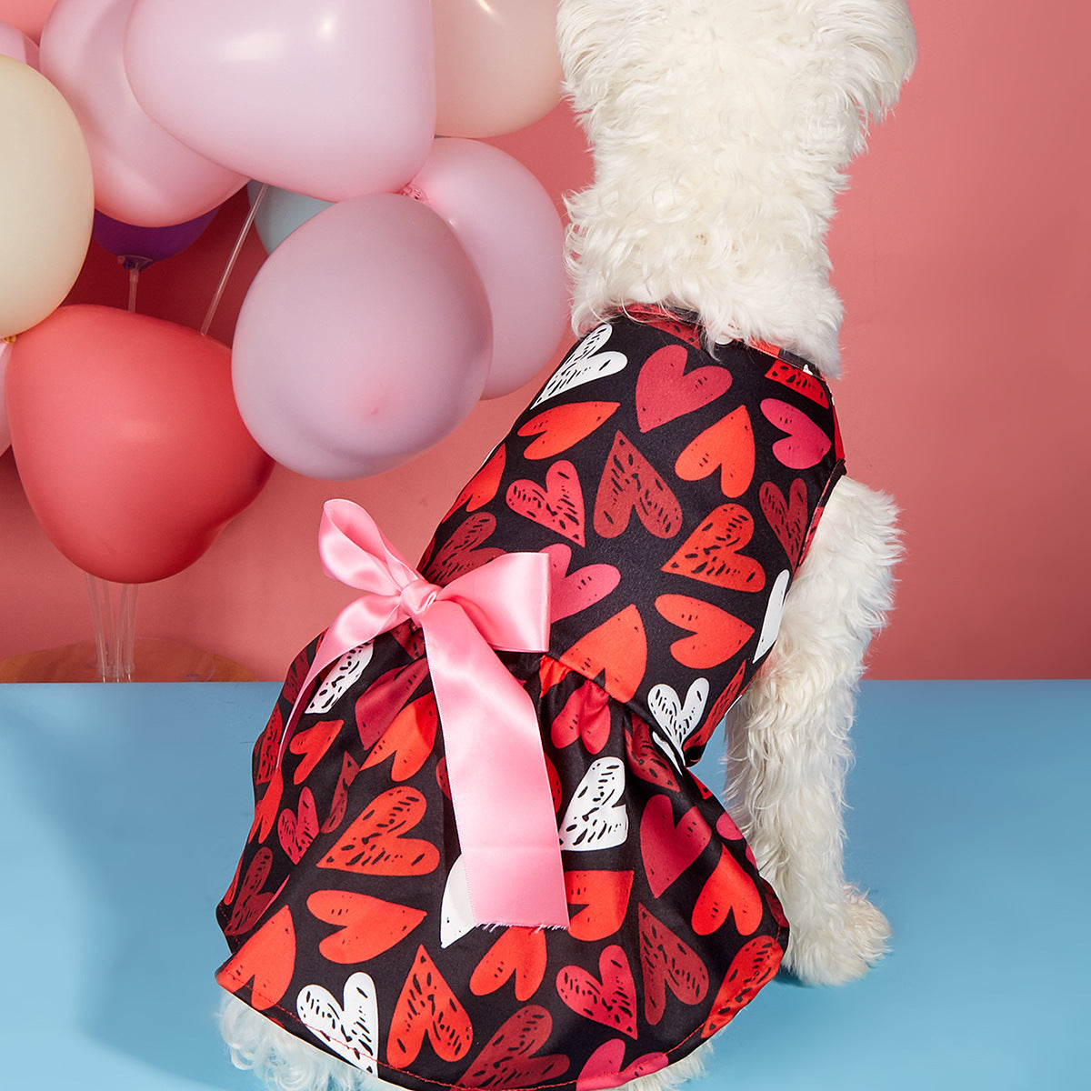 HKM-8096317 Love-Themed Full Printed Dress for Dogs and Cats in White and Black
