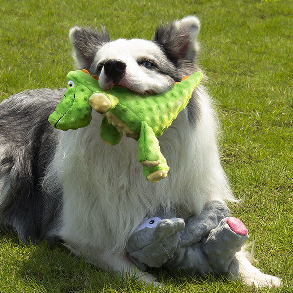 HKM-8097341 Pet Toy - Bite-resistant Plush Stuffed Animal in Green Crocodile, Gray Elephant, and Blue Shark