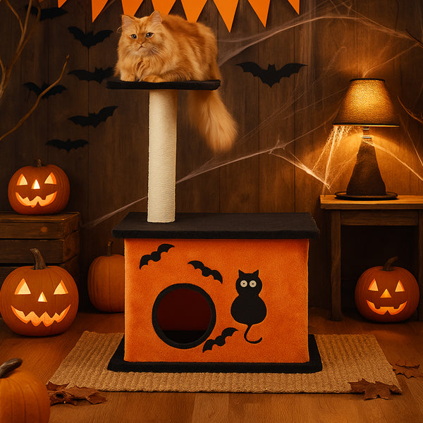 HKM-8097981 Halloween Cat Tree with Spacious Condo, Large Platforms, and Sisal Scratching Post in Orange and Black