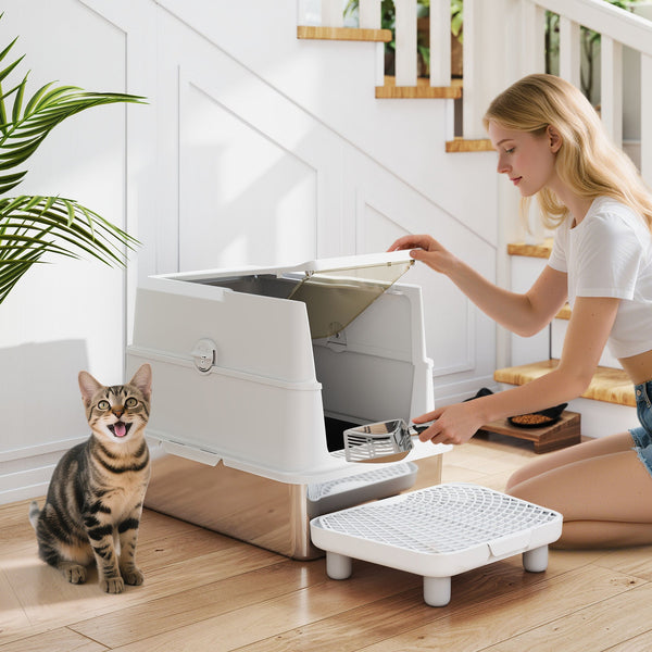 HKM-8105917 Extra Large Stainless Steel Cat Litter Box with Flip Cover and High-Sided Design for Easy Cleaning
