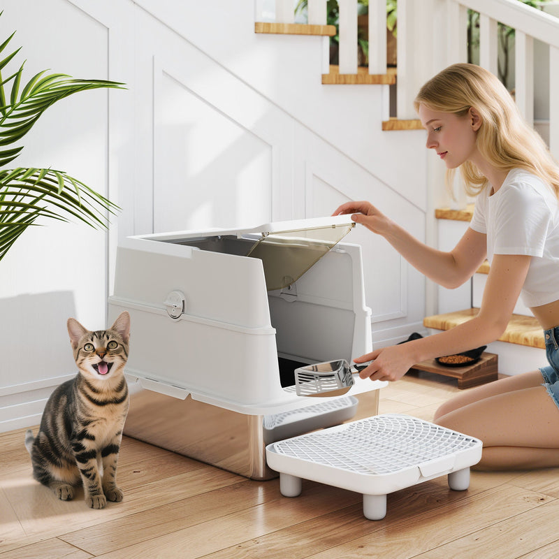 HKM-8105917 Extra Large Stainless Steel Cat Litter Box with Flip Cover and High-Sided Design for Easy Cleaning