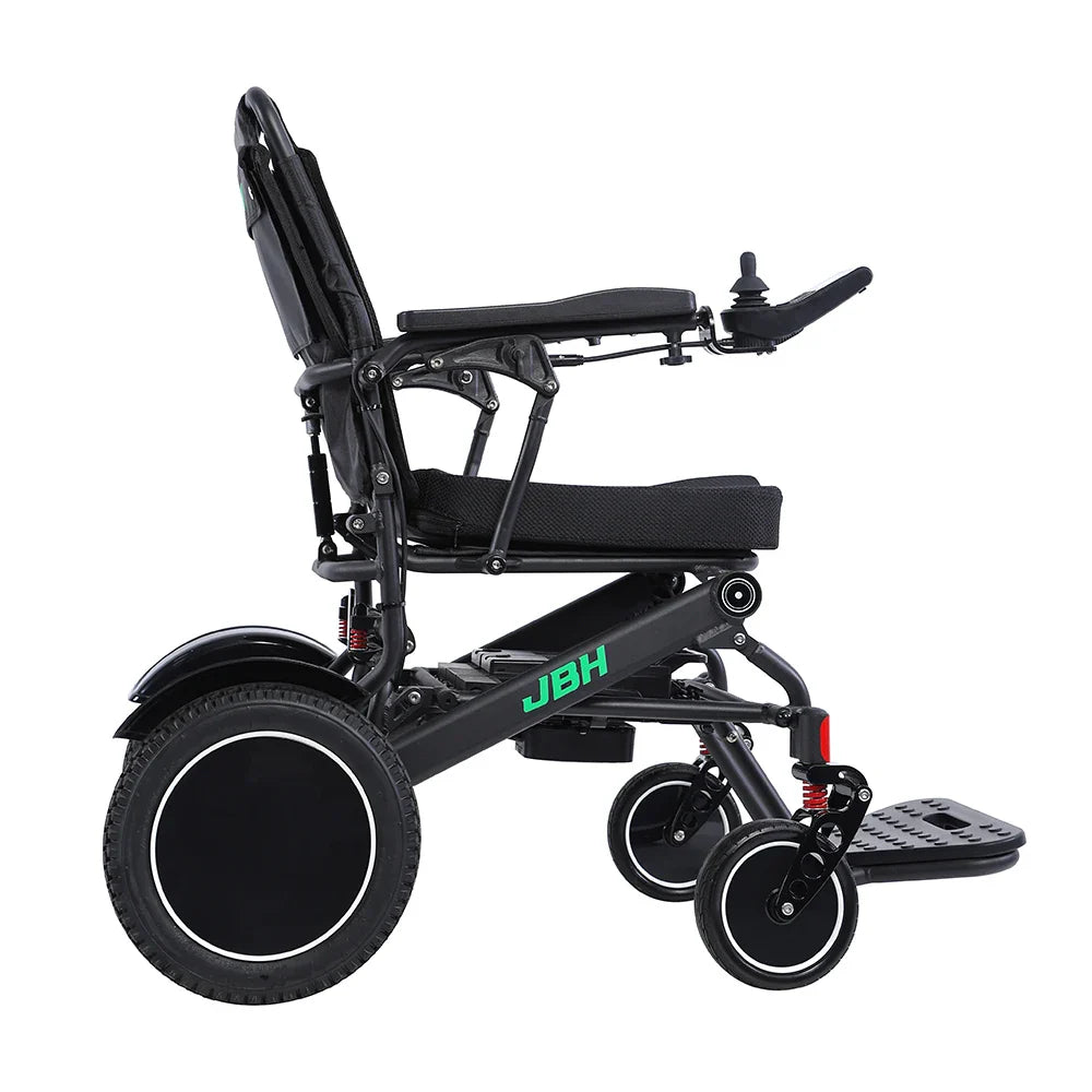 HKM-810963 All Terrain Electric Wheelchair with Motorized Folding Design, 20km Driving Range, 120kg Load Capacity, Black Metal Frame