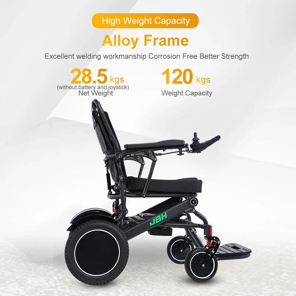 HKM-810963 All Terrain Electric Wheelchair with Motorized Folding Design, 20km Driving Range, 120kg Load Capacity, Black Metal Frame