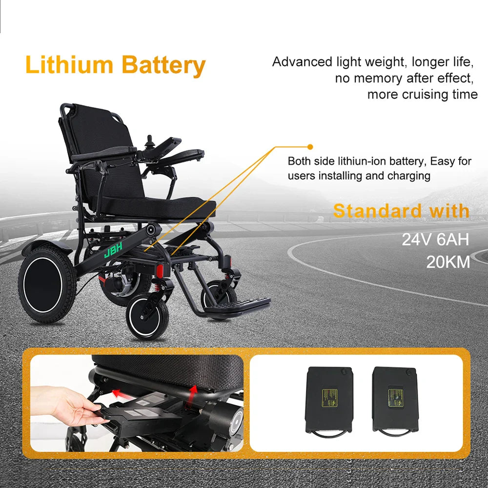 HKM-810963 All Terrain Electric Wheelchair with Motorized Folding Design, 20km Driving Range, 120kg Load Capacity, Black Metal Frame