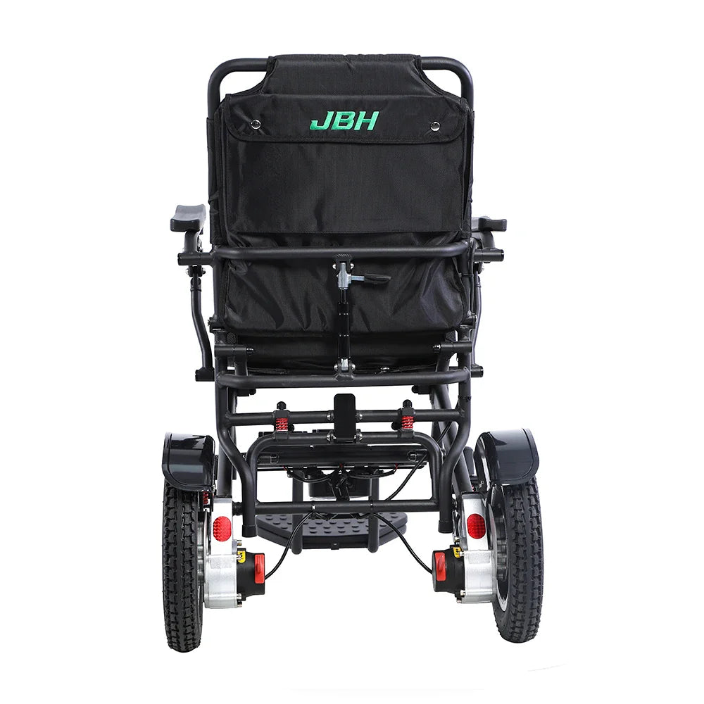 HKM-810963 All Terrain Electric Wheelchair with Motorized Folding Design, 20km Driving Range, 120kg Load Capacity, Black Metal Frame