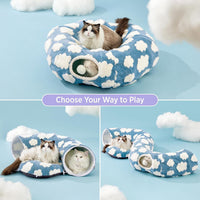 HKM-8110269 Foldable Plush Cat Tunnel Nest, Light Cloud Design, Soft Cloth, Blue, 80*26*20cm