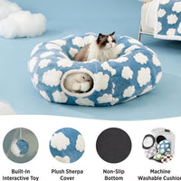 HKM-8110269 Foldable Plush Cat Tunnel Nest, Light Cloud Design, Soft Cloth, Blue, 80*26*20cm